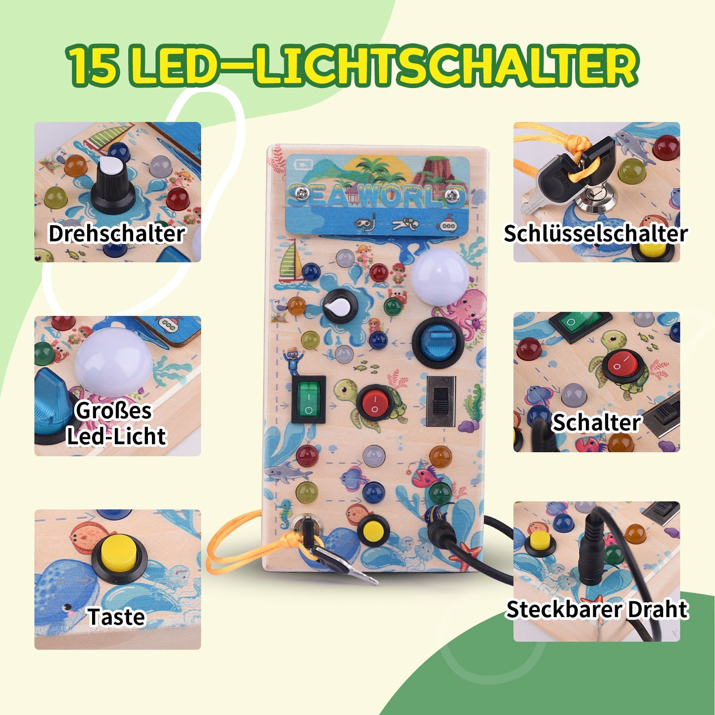 Montessori Holz Busy Board mit 15 LED & Schaltern, Activity Board für Kinder ab 2 Jahren, Tragbares Lernspiel & Geschenk
