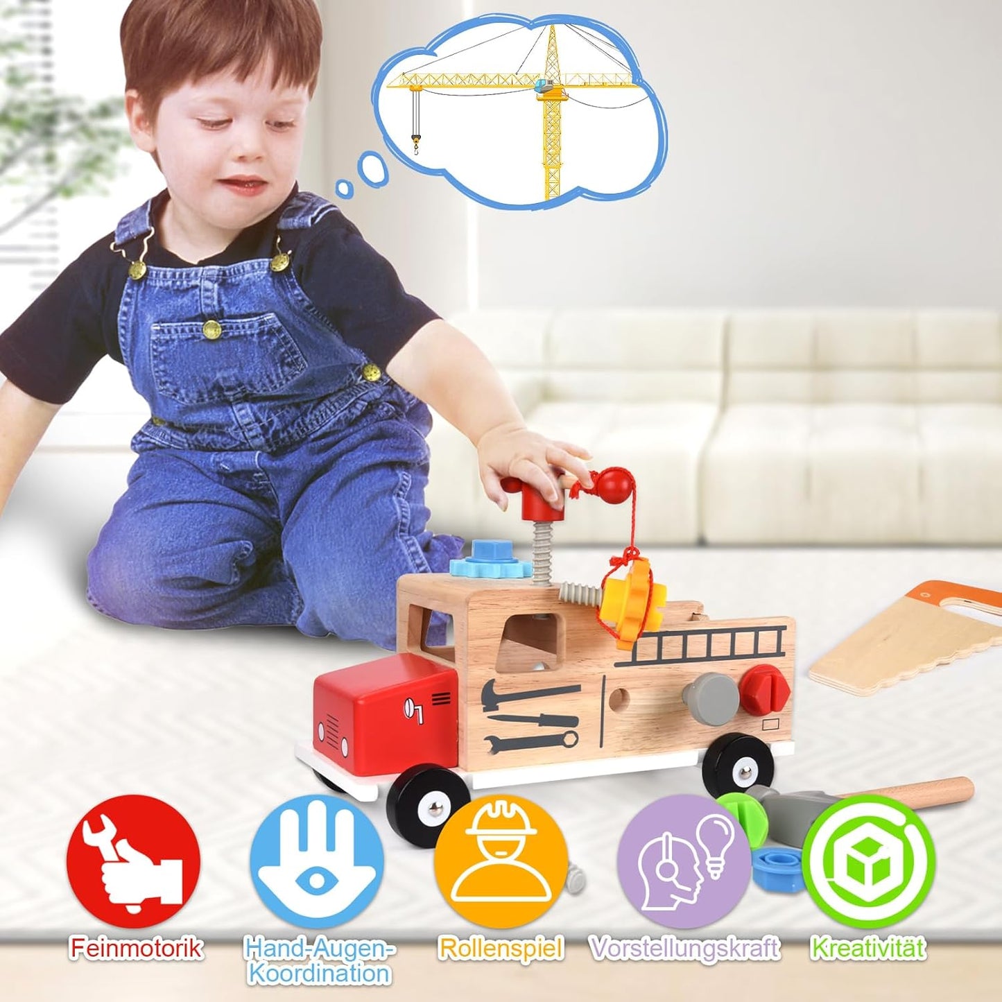 Montessori Werkzeugkoffer Holz mit Spielzeug-Werkbank für Kinder ab 2 Jahren, Holzspielzeug Kinderwerkzeug, Montessori Spielzeug