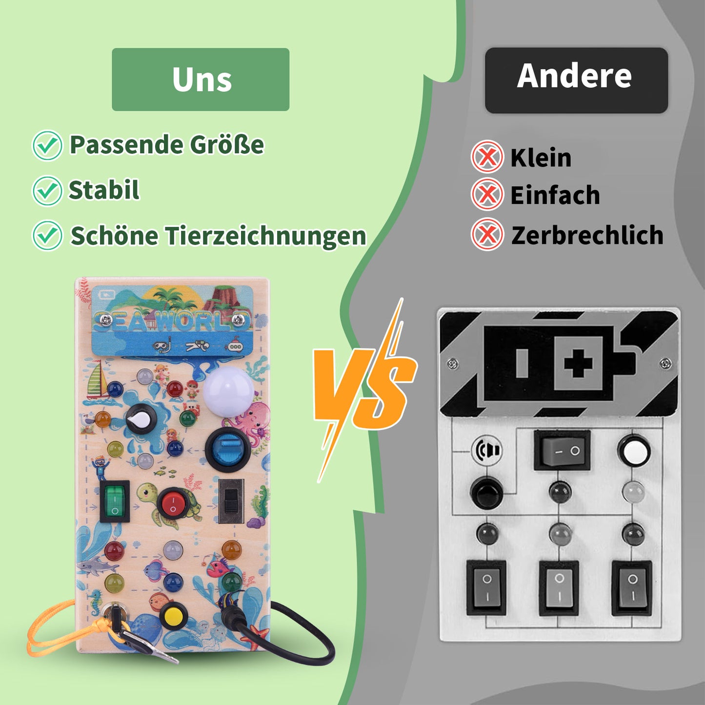 Montessori Holz Busy Board mit 15 LED & Schaltern, Activity Board für Kinder ab 2 Jahren, Tragbares Lernspiel & Geschenk