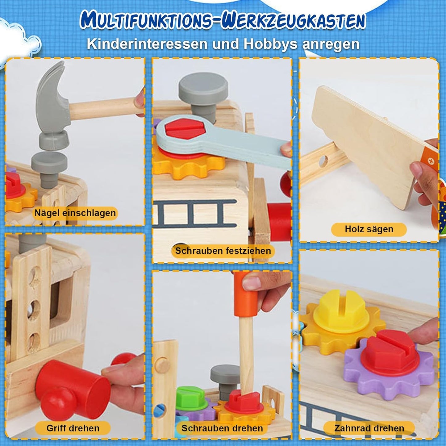 Montessori Werkzeugkoffer Holz mit Spielzeug-Werkbank für Kinder ab 2 Jahren, Holzspielzeug Kinderwerkzeug, Montessori Spielzeug