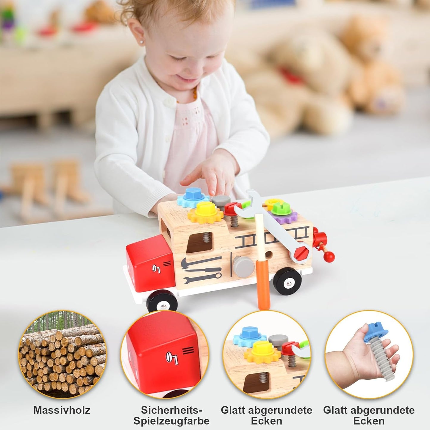 Montessori Werkzeugkoffer Holz mit Spielzeug-Werkbank für Kinder ab 2 Jahren, Holzspielzeug Kinderwerkzeug, Montessori Spielzeug