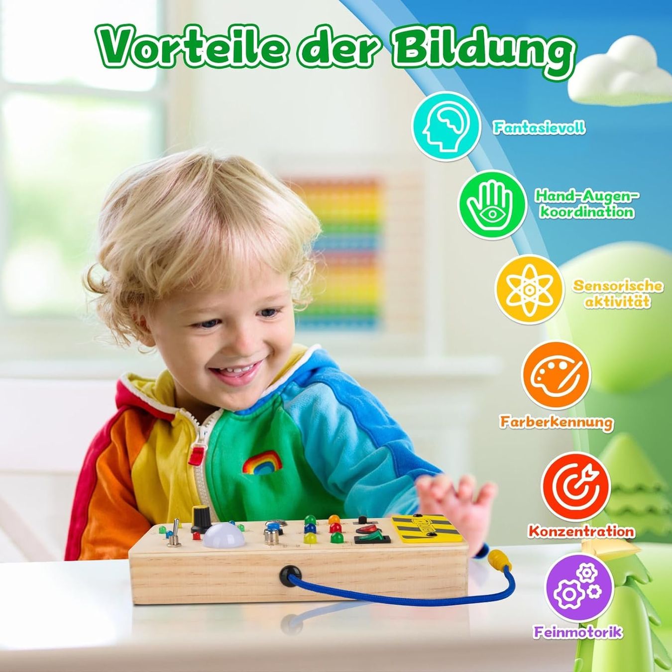 Montessori Busy Board mit LED ab 1 Jahr, Sensorisches Lernspielzeug und Activity Board für Babys & Kleinkinder