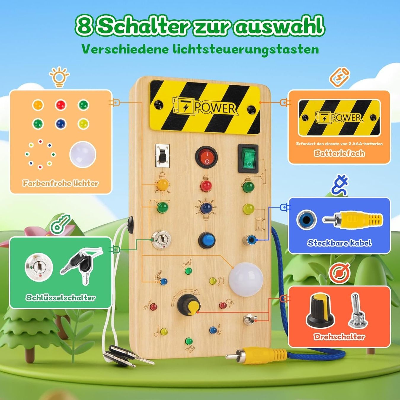 Montessori Busy Board mit LED ab 1 Jahr, Sensorisches Lernspielzeug und Activity Board für Babys & Kleinkinder