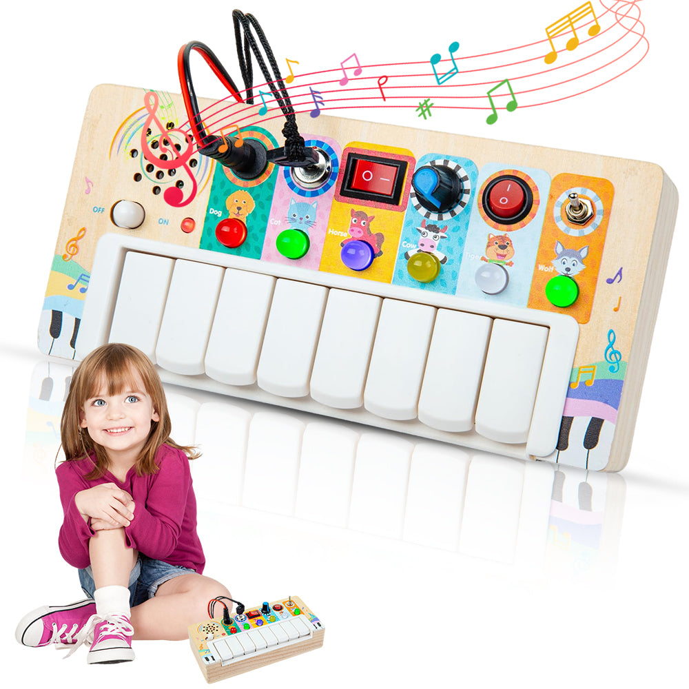 Multifunktionales Klavier Activity Board Holz Montessori Spielzeug LED ab 3 Jahren, Musik Spielzeug zur Förderung von Hand-Augen-Koordination