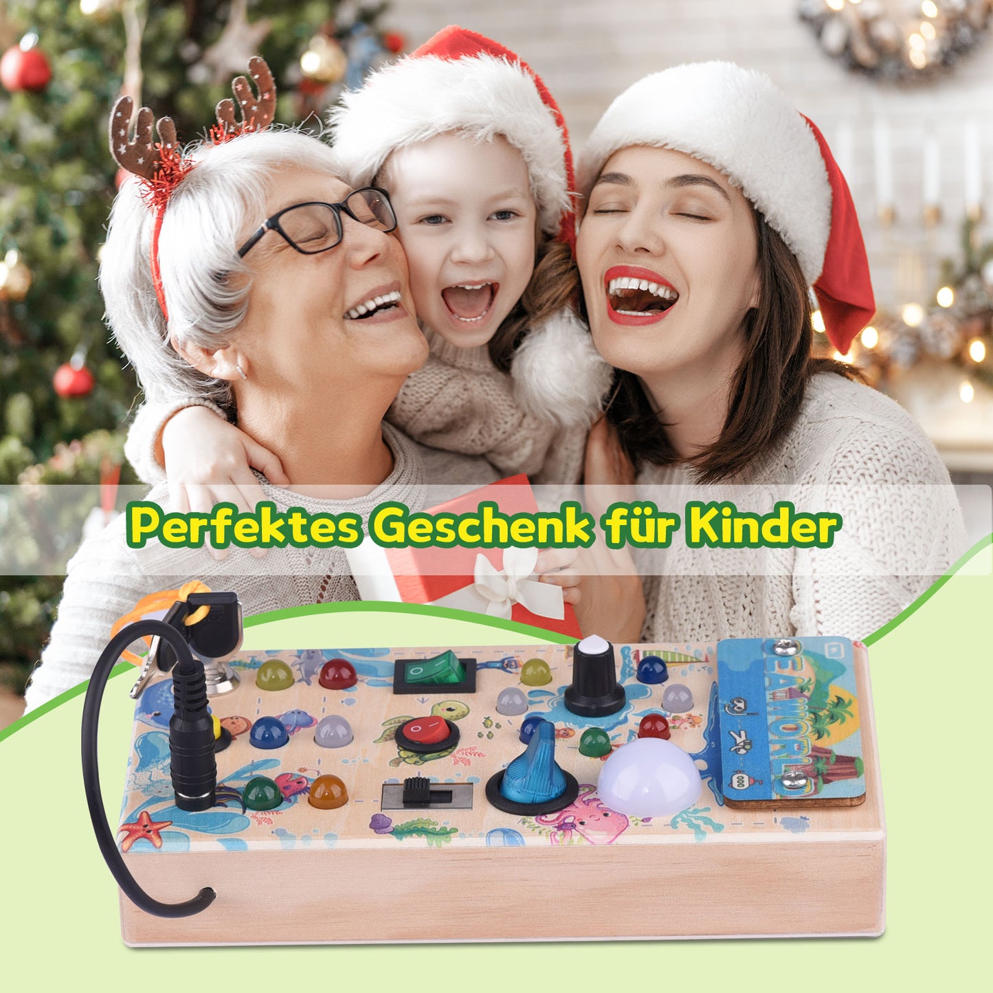 Montessori Holz Busy Board mit 15 LED & Schaltern, Activity Board für Kinder ab 2 Jahren, Tragbares Lernspiel & Geschenk