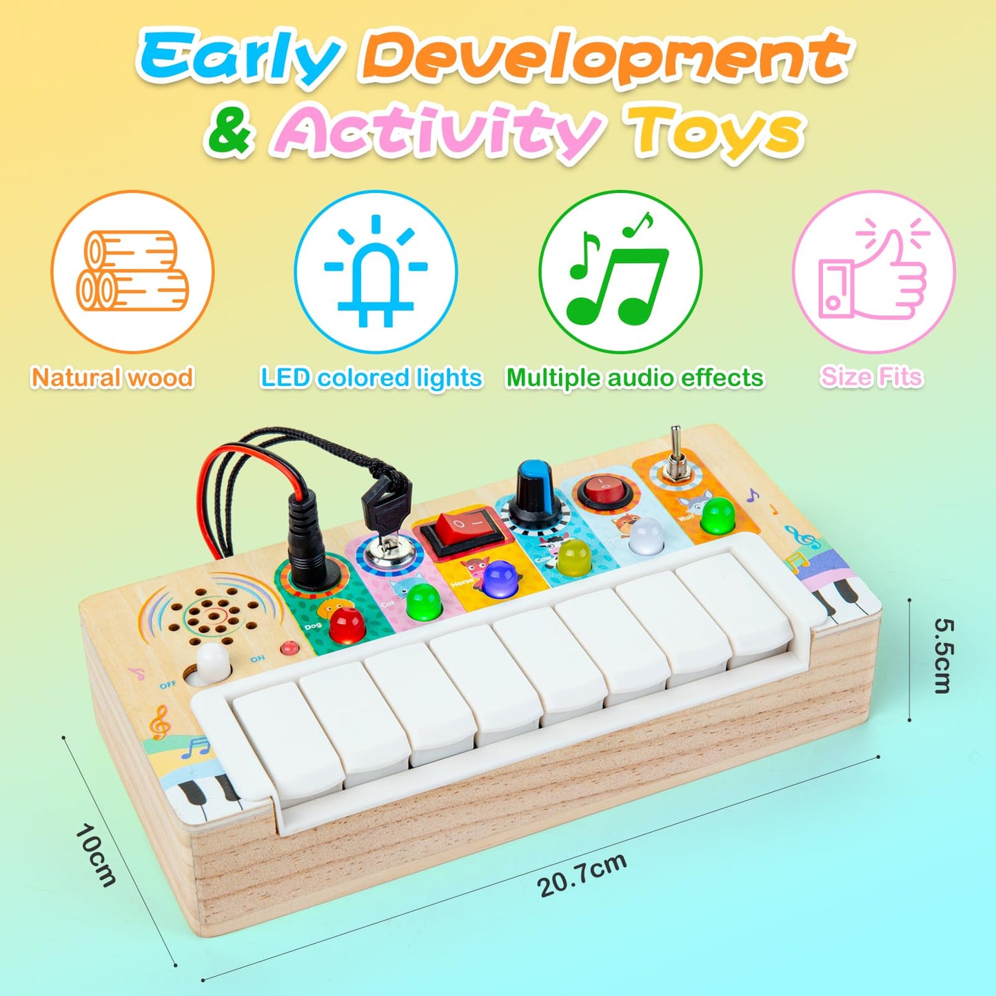 Multifunktionales Klavier Activity Board Holz Montessori Spielzeug LED ab 3 Jahren, Musik Spielzeug zur Förderung von Hand-Augen-Koordination