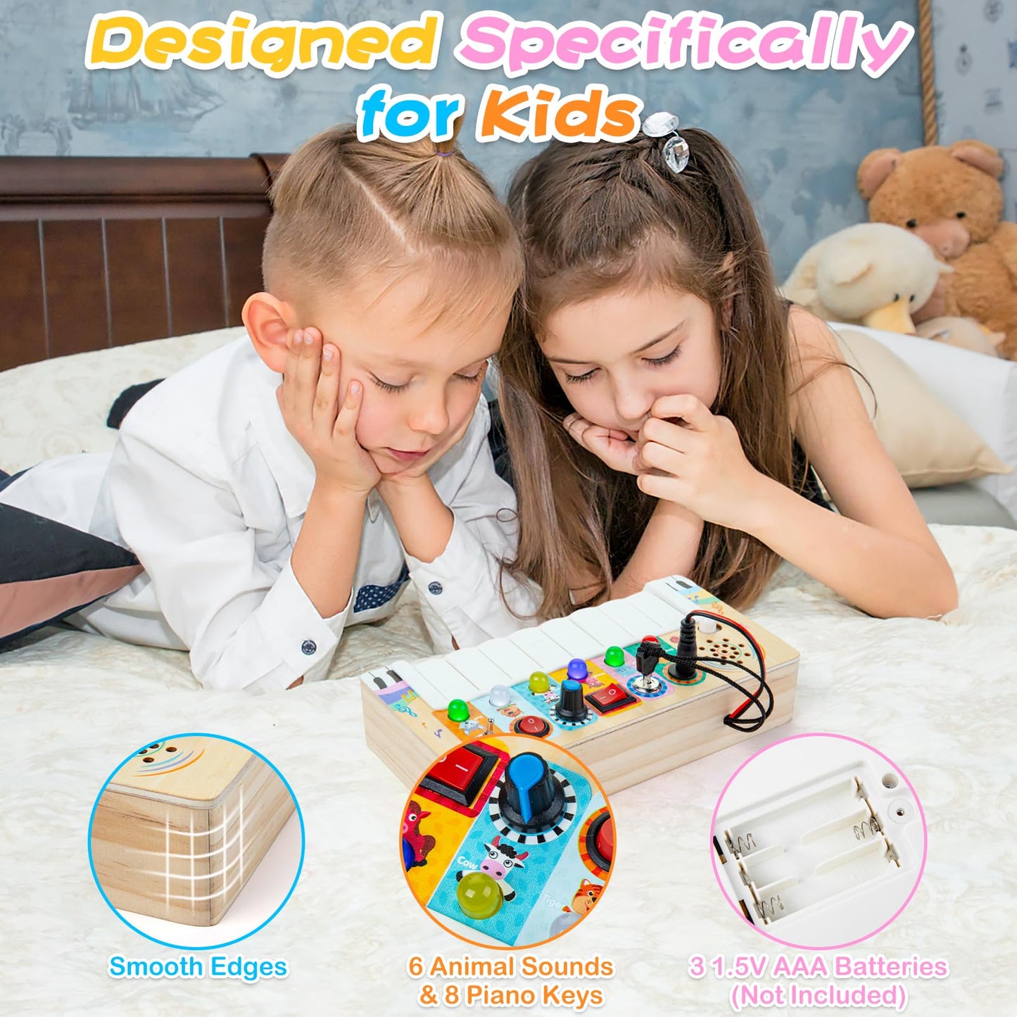 Multifunktionales Klavier Activity Board Holz Montessori Spielzeug LED ab 3 Jahren, Musik Spielzeug zur Förderung von Hand-Augen-Koordination