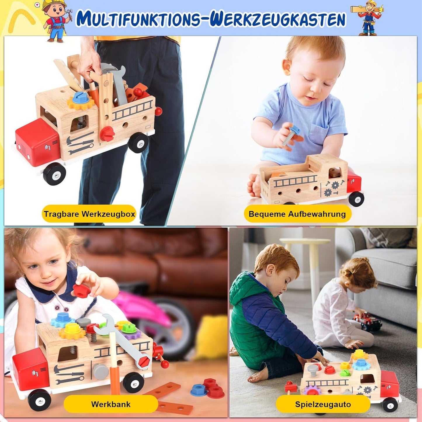 Montessori Werkzeugkoffer Holz mit Spielzeug-Werkbank für Kinder ab 2 Jahren, Holzspielzeug Kinderwerkzeug, Montessori Spielzeug