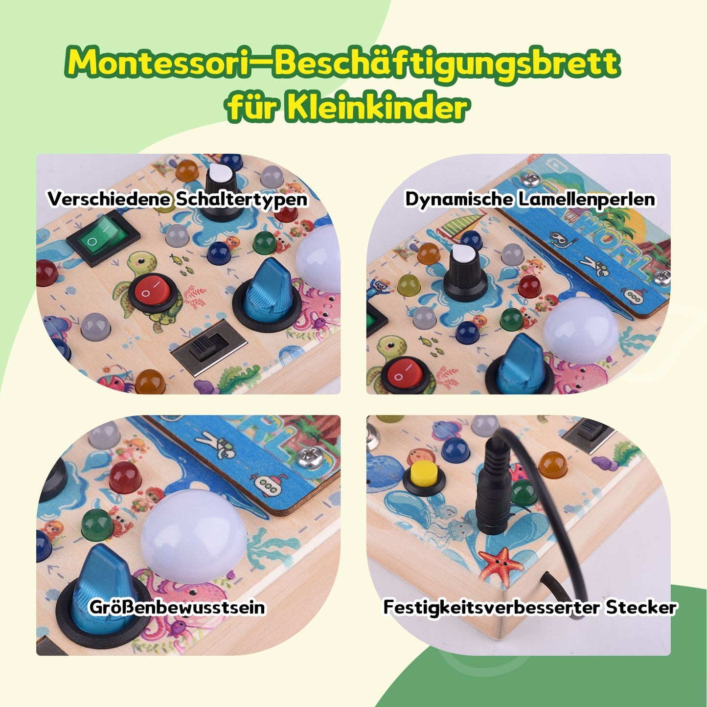 Montessori Holz Busy Board mit 15 LED & Schaltern, Activity Board für Kinder ab 2 Jahren, Tragbares Lernspiel & Geschenk
