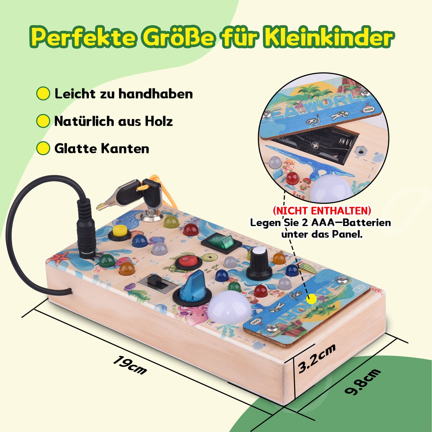 Montessori Holz Busy Board mit 15 LED & Schaltern, Activity Board für Kinder ab 2 Jahren, Tragbares Lernspiel & Geschenk