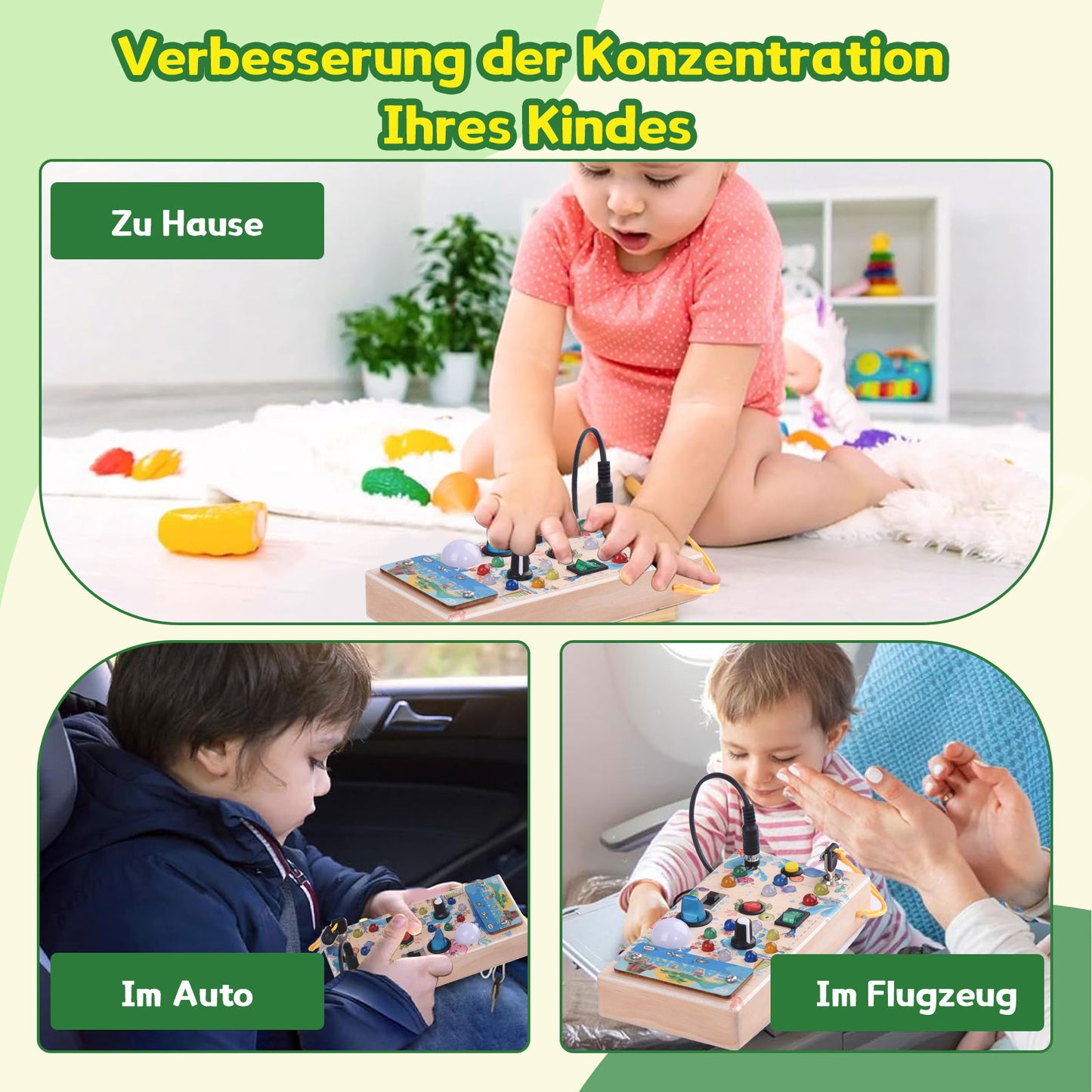 Montessori Holz Busy Board mit 15 LED & Schaltern, Activity Board für Kinder ab 2 Jahren, Tragbares Lernspiel & Geschenk