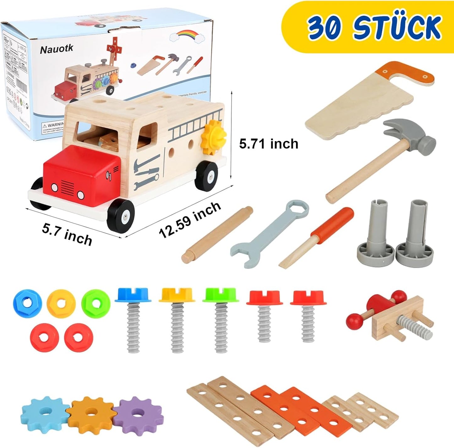 Montessori Werkzeugkoffer Holz mit Spielzeug-Werkbank für Kinder ab 2 Jahren, Holzspielzeug Kinderwerkzeug, Montessori Spielzeug