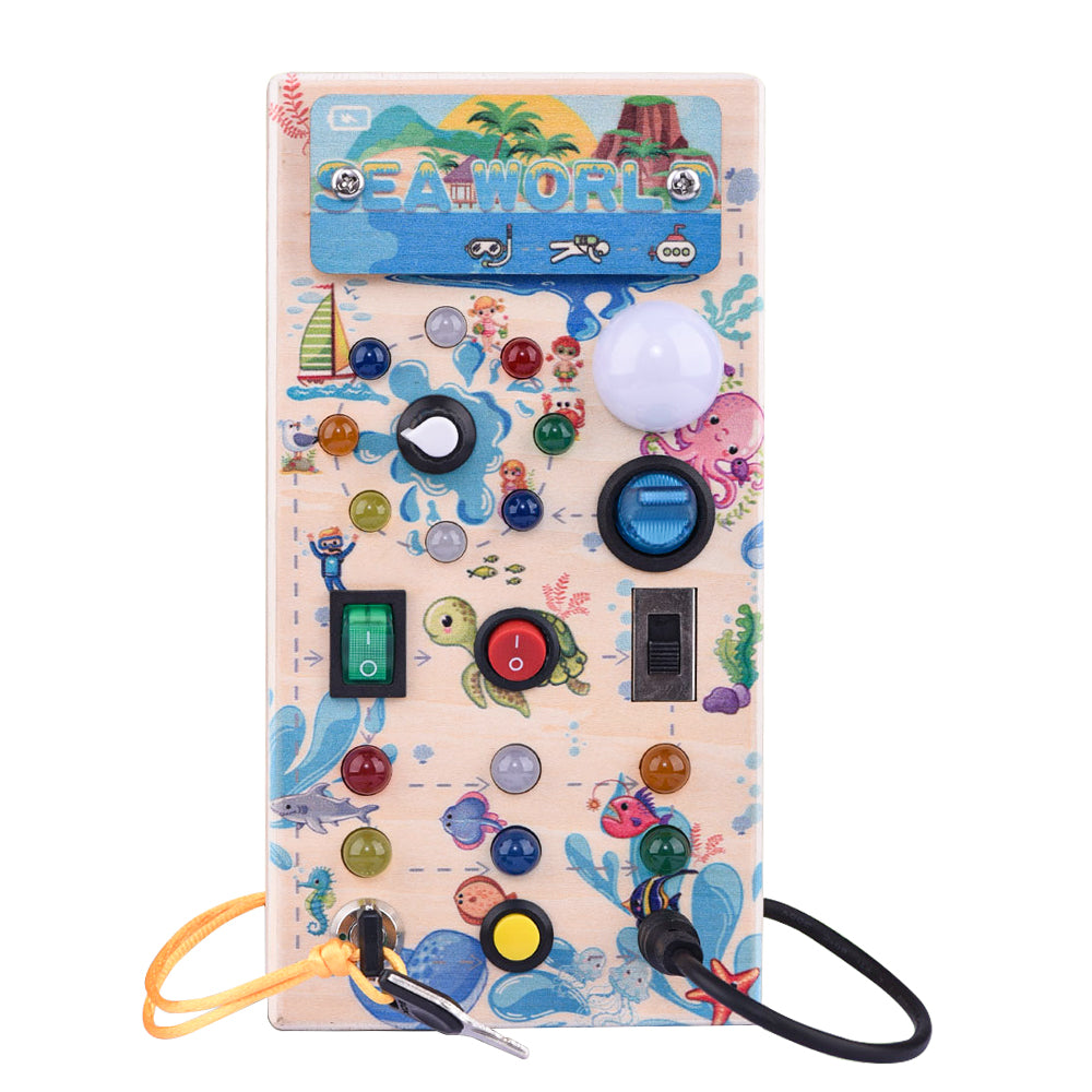 Montessori Holz Busy Board mit 15 LED & Schaltern, Activity Board für Kinder ab 2 Jahren, Tragbares Lernspiel & Geschenk