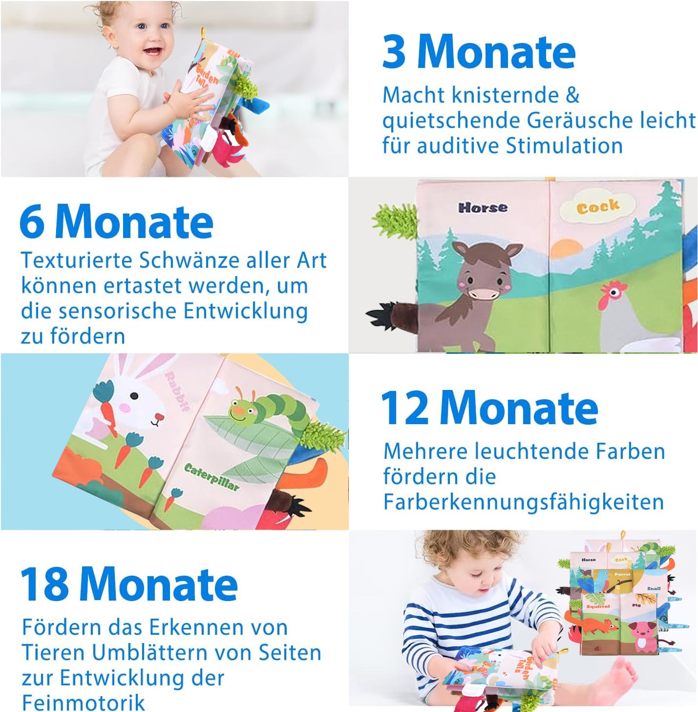 3D Bilderbuch Stoffbücher Fühlbuch ab 3 Monaten, Babybuch Baby Stoffbuch Lernspielzeug