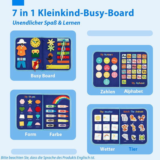 7 in 1 Filz Busy Board Motorikspielzeug, Lernspielzeug ab 1 Jahr, Sensorik & Feinmotorik