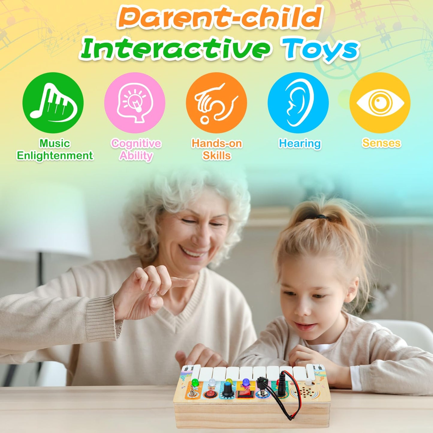 Multifunktionales Klavier Activity Board Holz Montessori Spielzeug LED ab 3 Jahren, Musik Spielzeug zur Förderung von Hand-Augen-Koordination