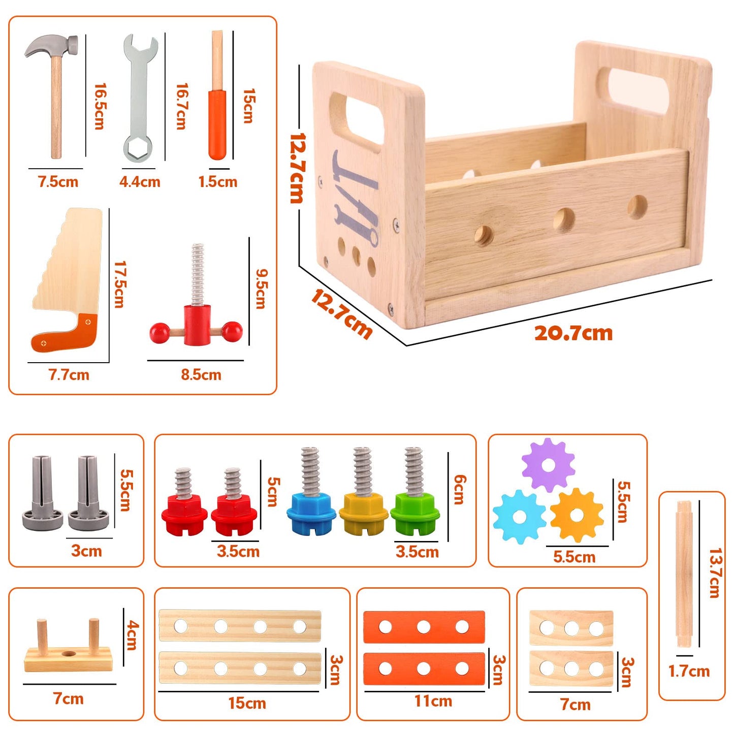29 stk. Werkzeugkoffer, Montessori Werkzeugset aus Holz, Kinderwerkzeug ideales Geschenk ab 2 Jahren