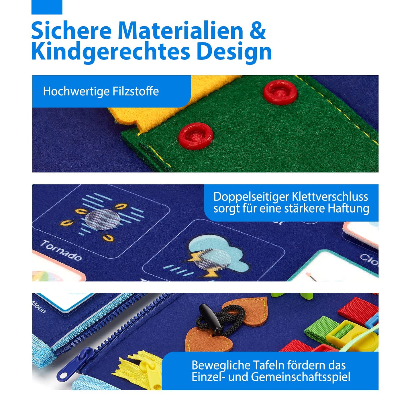 7 in 1 Filz Busy Board Motorikspielzeug, Lernspielzeug ab 1 Jahr, Sensorik & Feinmotorik